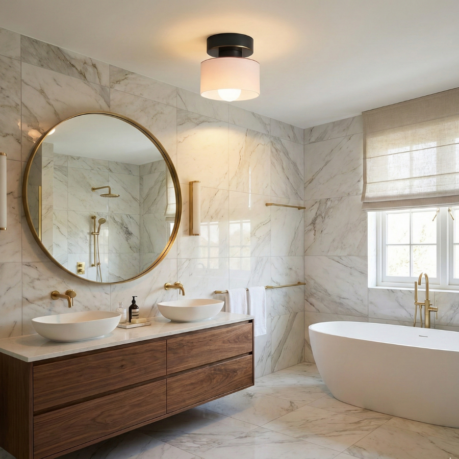 Compact Bauhaus Ceiling Light – Gold Metal and Glass