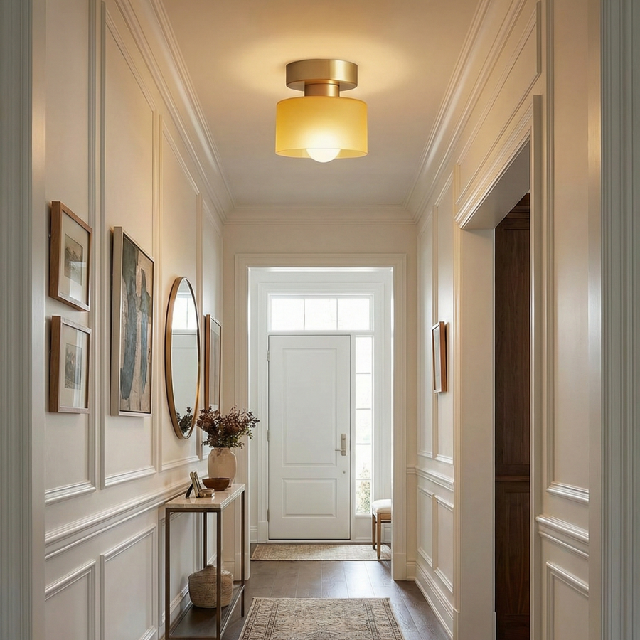 Compact Bauhaus Ceiling Light – Gold Metal and Glass