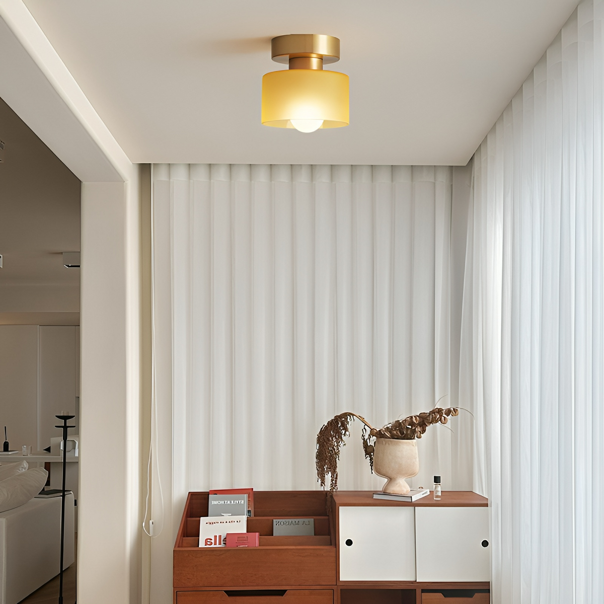 Compact Bauhaus Ceiling Light – Gold Metal and Glass