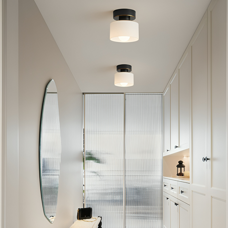 Compact Bauhaus Ceiling Light – Gold Metal and Glass