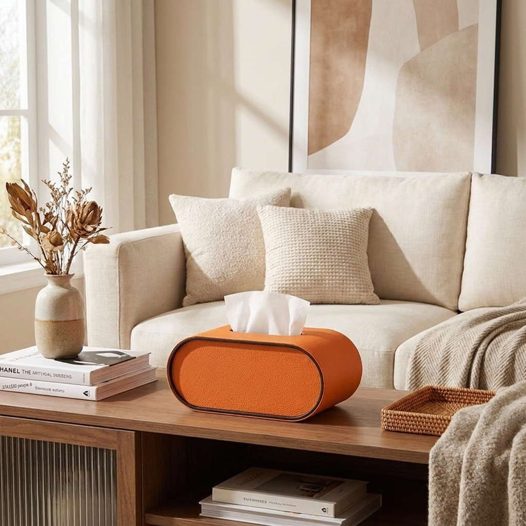 Oval Leather Tissue Box – Durable Design with Easy Tissue Access