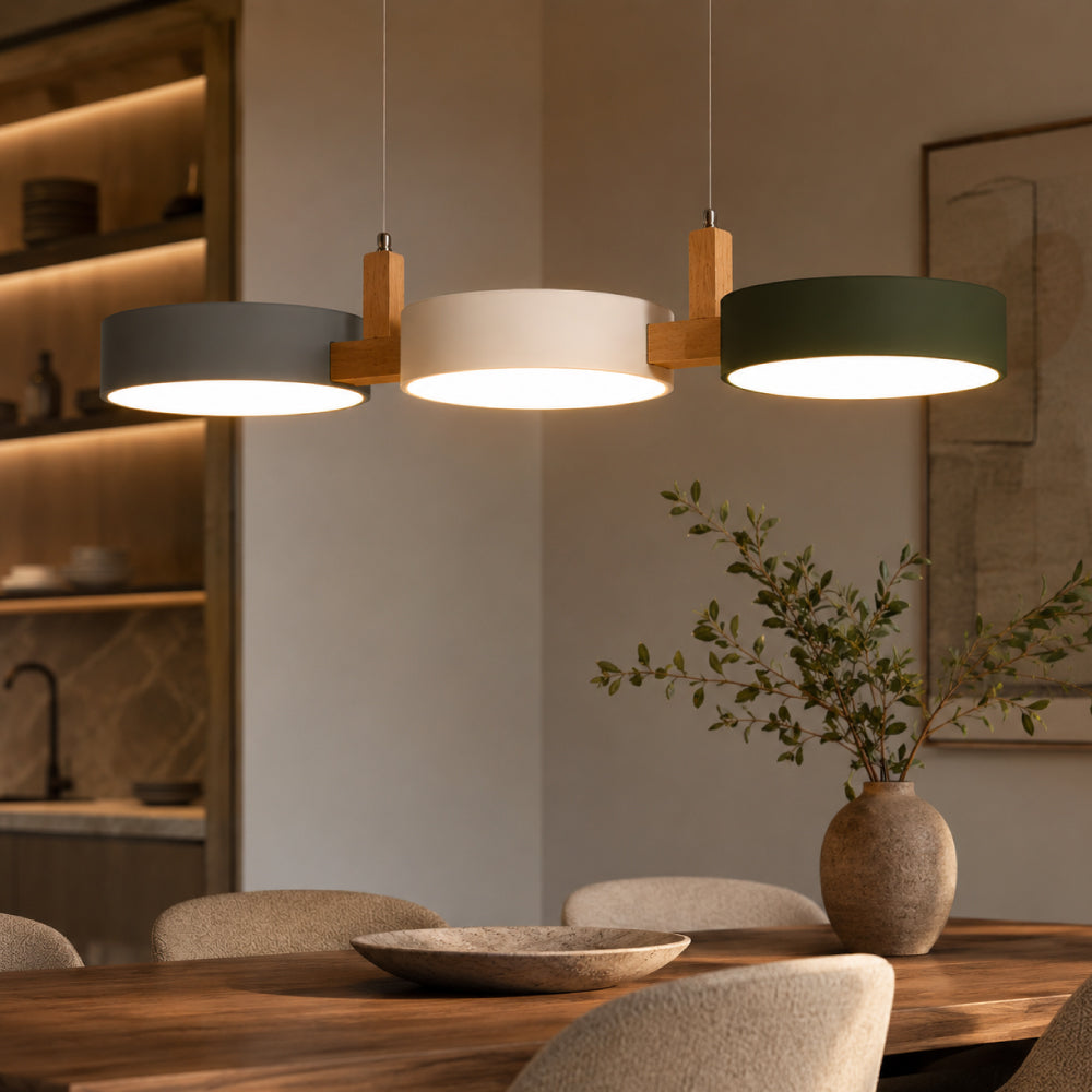 Long Nordic Iron and Wood Pendant Light – Elongated Silhouette for Dining Table and Kitchen Island