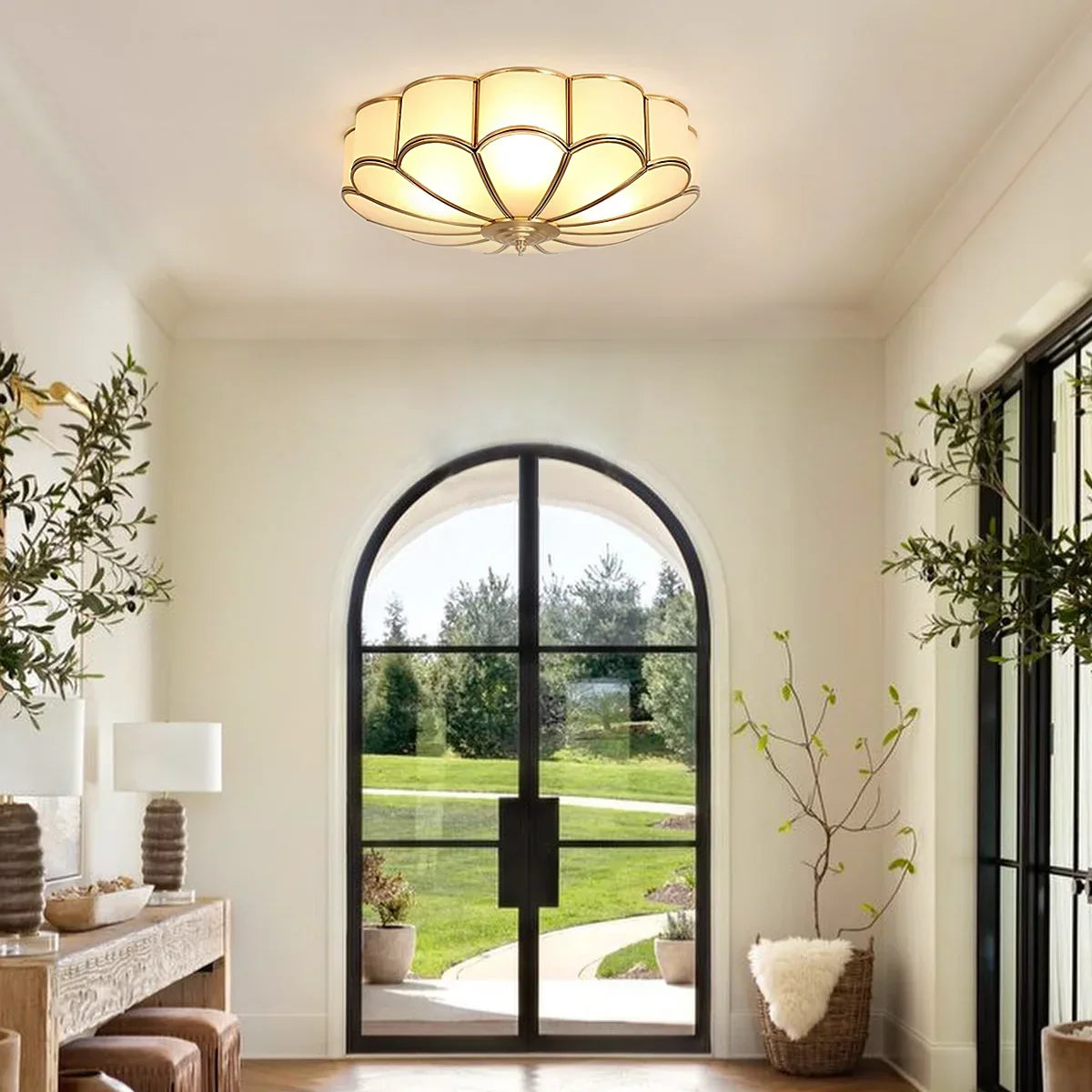 Flower Ceiling Light – Frosted Glass with Brass Details, Dimmable