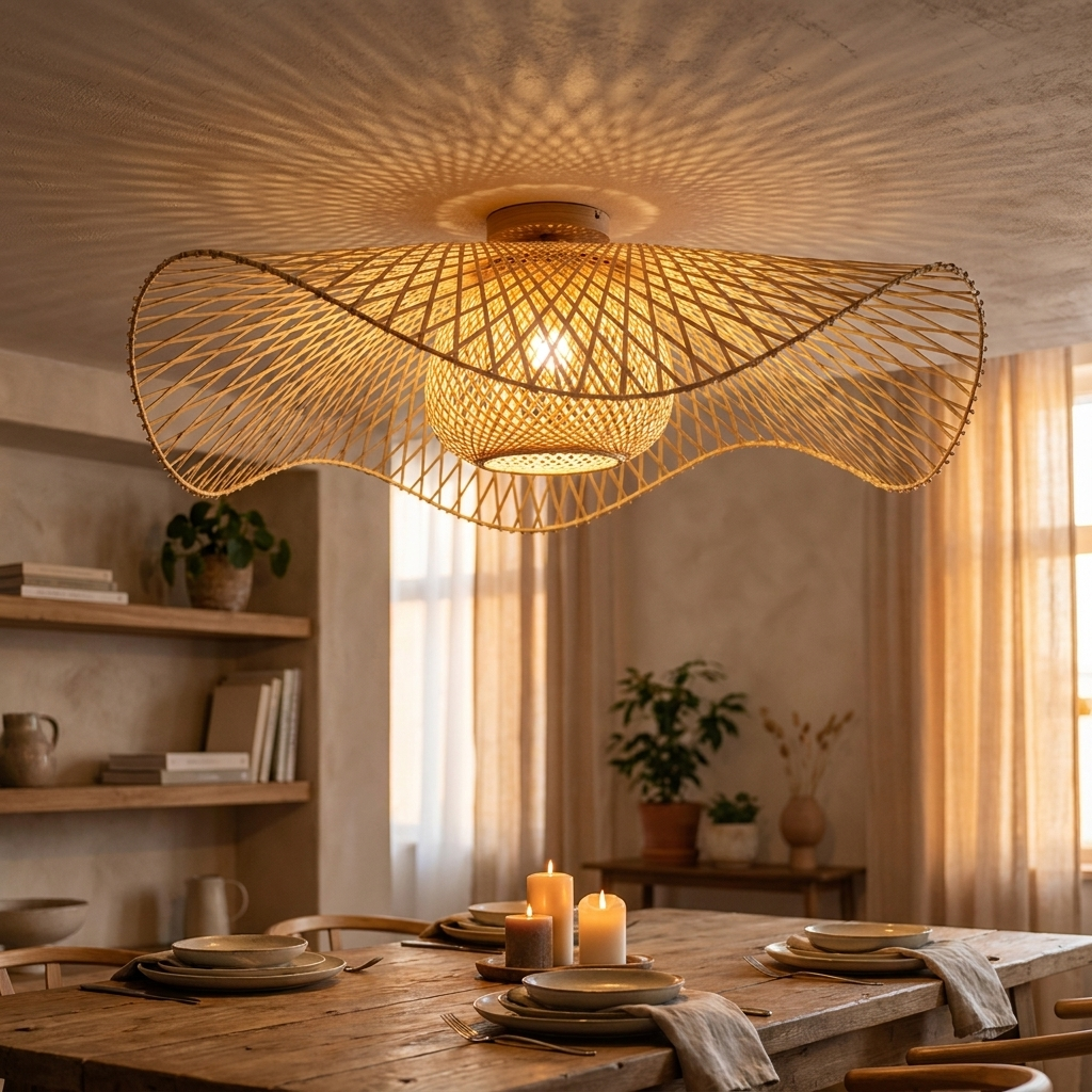 Bamboo and Rattan Ceiling Light – Unique Light Pattern for Living Room and Bedroom