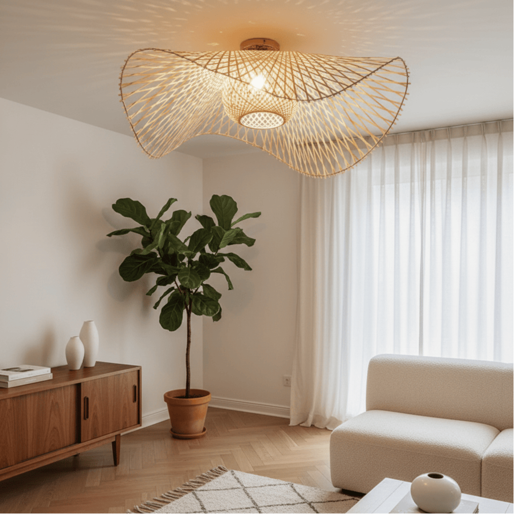 Bamboo and Rattan Ceiling Light – Unique Light Pattern for Living Room and Bedroom
