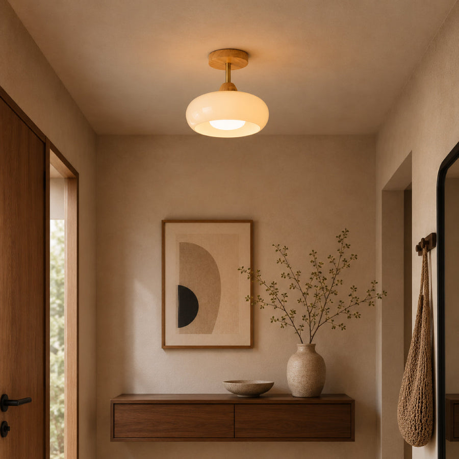 Wood and Glass Ceiling Light – Bauhaus Design