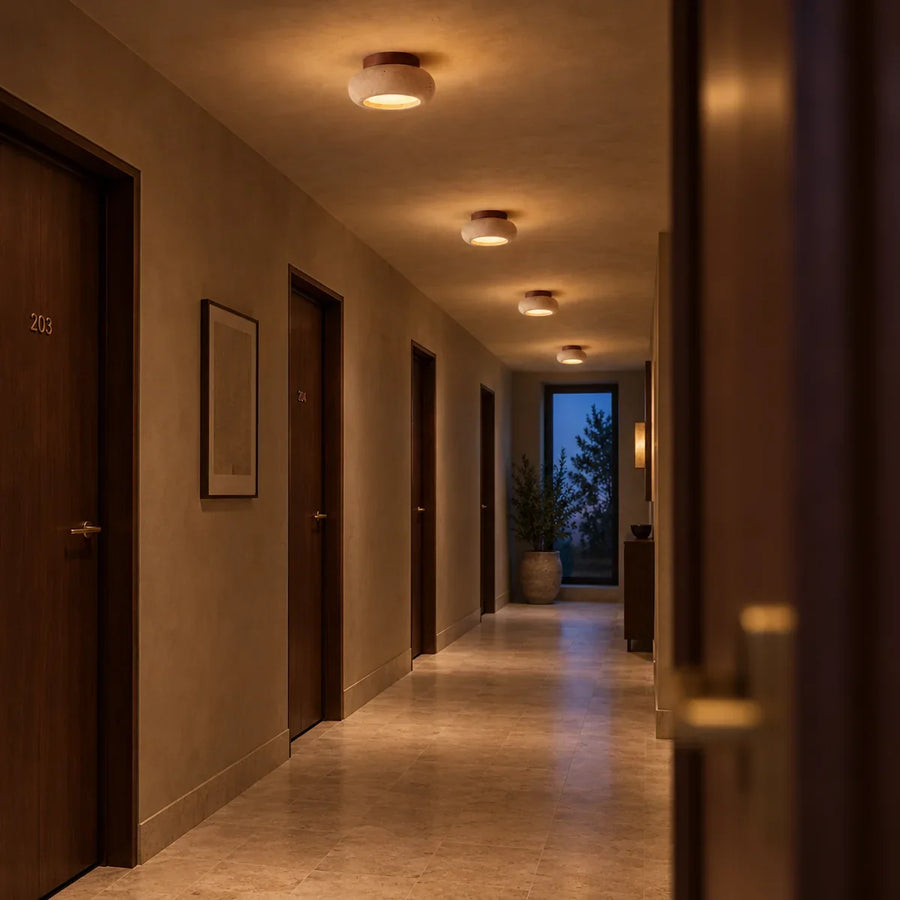 Travertine Ceiling Light with Walnut Details for Hallway and Living Room