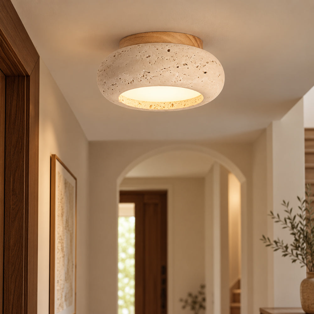 Travertine Ceiling Light with Walnut Details for Hallway and Living Room