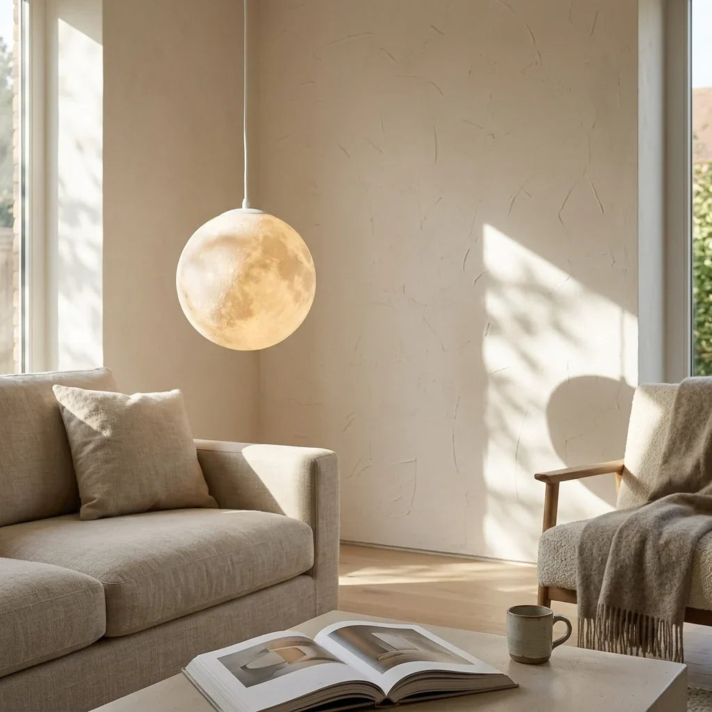 Moon Pendant Light in Polyresin with Lunar Surface