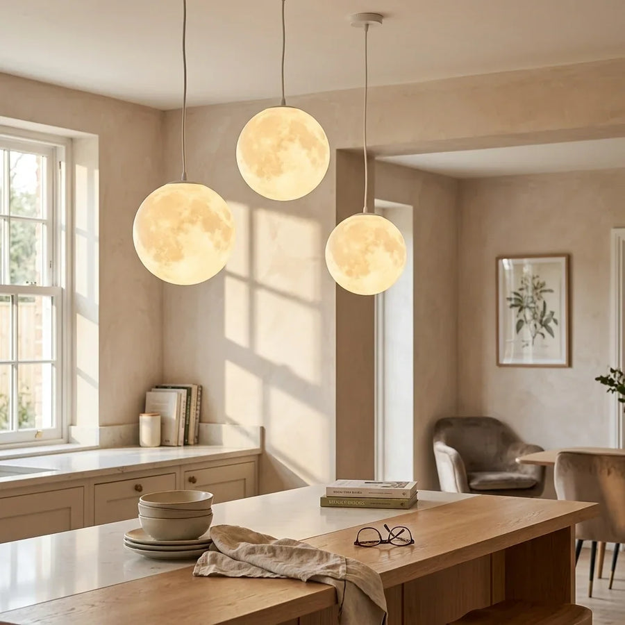 Moon Pendant Light in Polyresin with Lunar Surface