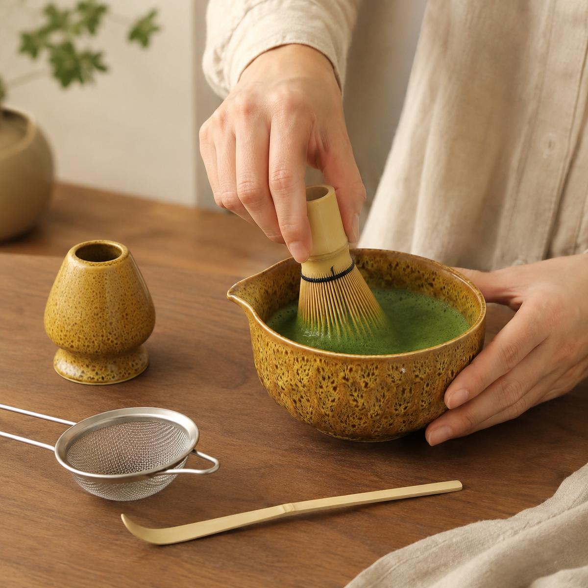 Matcha Set – 5-Piece Ceramic and Bamboo with Unique Kiln Glaze