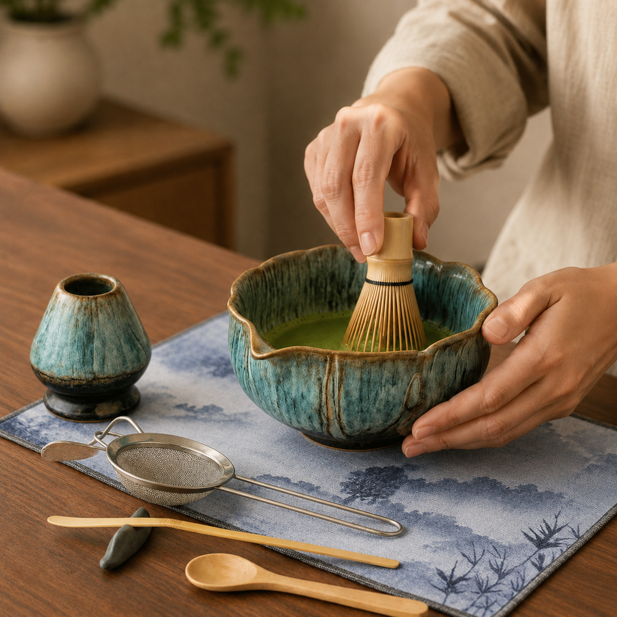 Ceramic Matcha Set – 8 Pieces with Kiln Glaze and Bamboo Tools