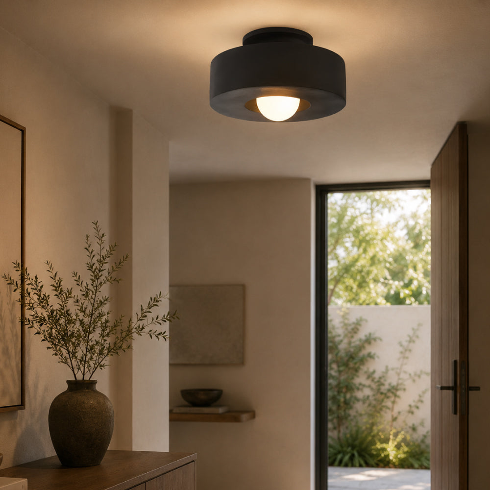 Minimalist Ceiling Light – Floating Opal Glass Globe in Circular Frame