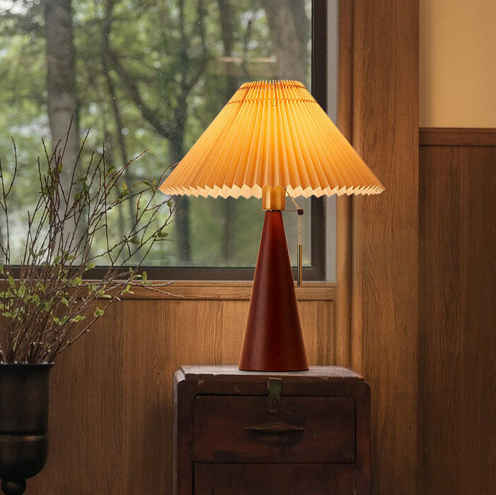 Minimalist Wood Table Lamp – Pleated Fabric with Warm Light