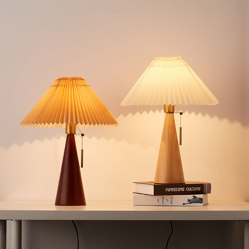 Minimalist Wood Table Lamp – Pleated Fabric with Warm Light