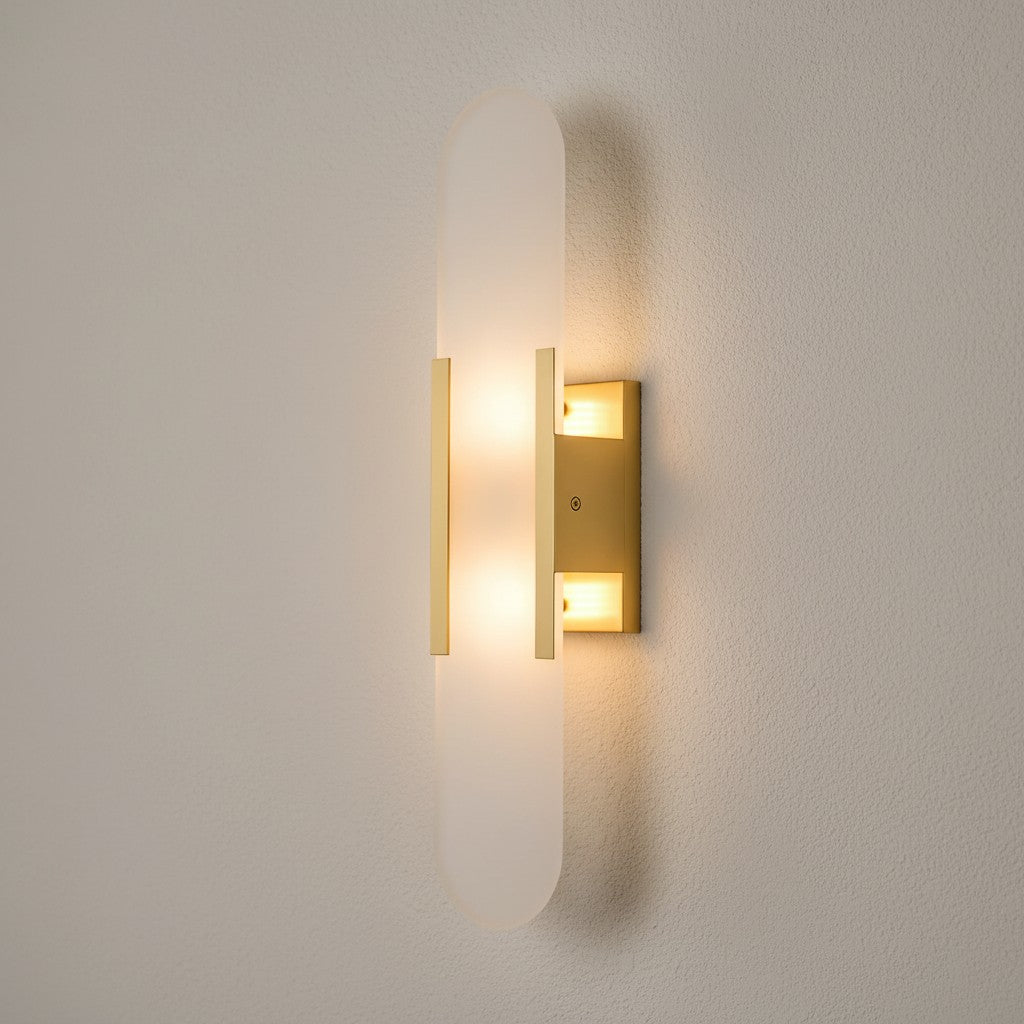 Modern Alabaster and Brass Wall Light – Geometric Design with Soft Light
