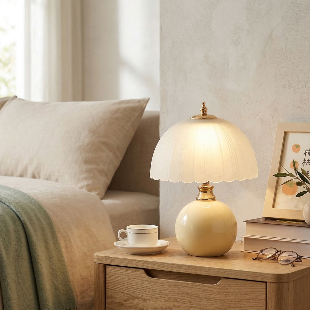 Modern Ceramic and Glass Half-Dome Table Lamp – Ideal for Bedrooms