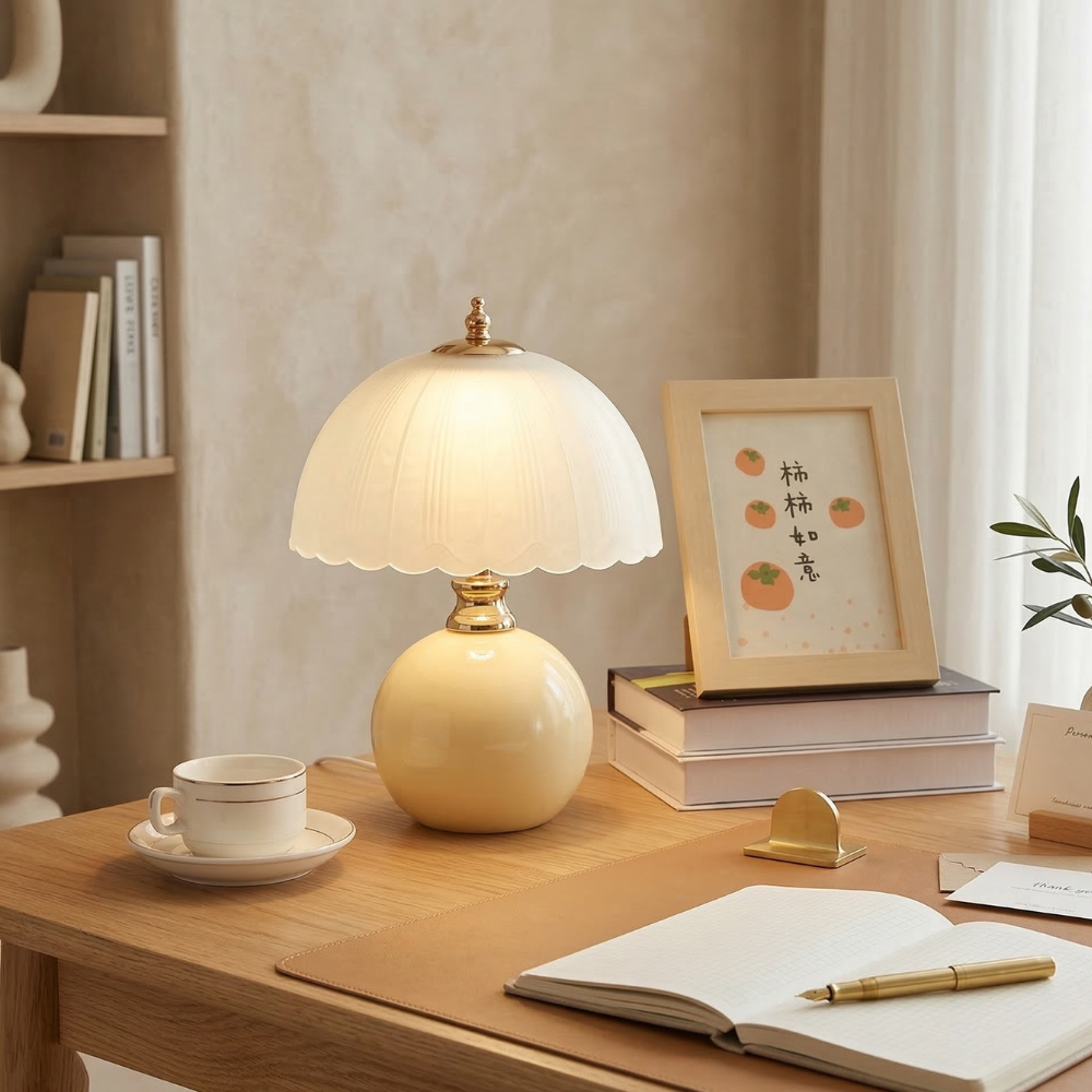 Modern Ceramic and Glass Half-Dome Table Lamp – Ideal for Bedrooms