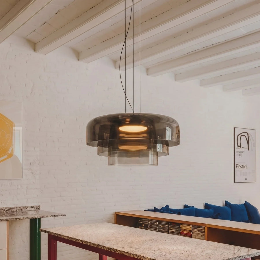 Hand-Blown Glass Pendant with Layered Shade