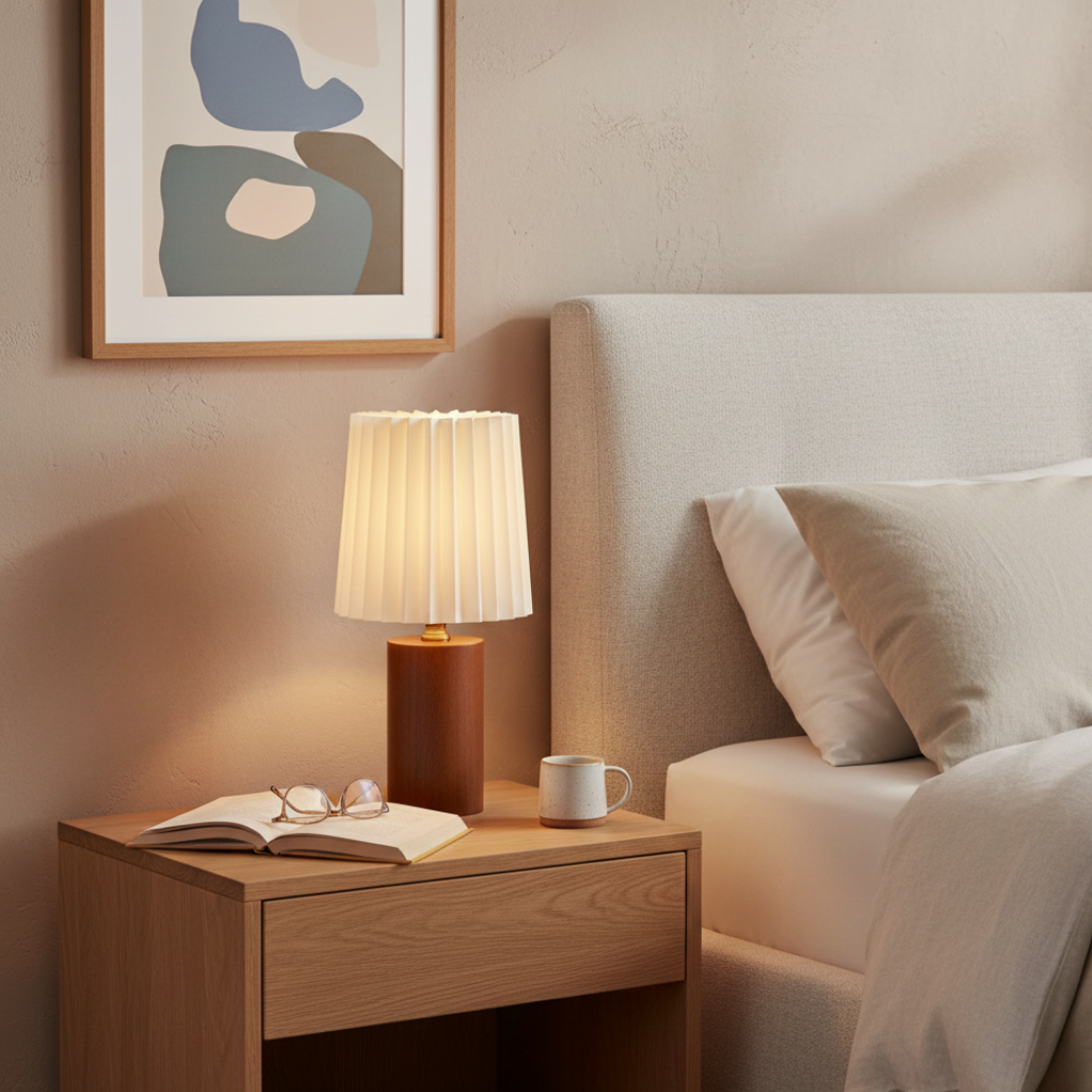 Nordic Solid Wood Table Lamp – Pleated Shade
