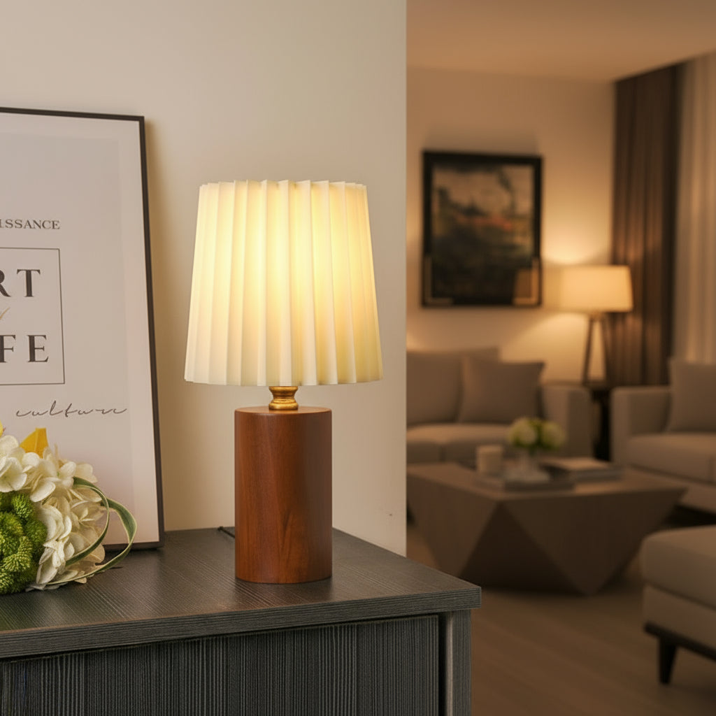 Nordic Solid Wood Table Lamp – Pleated Shade
