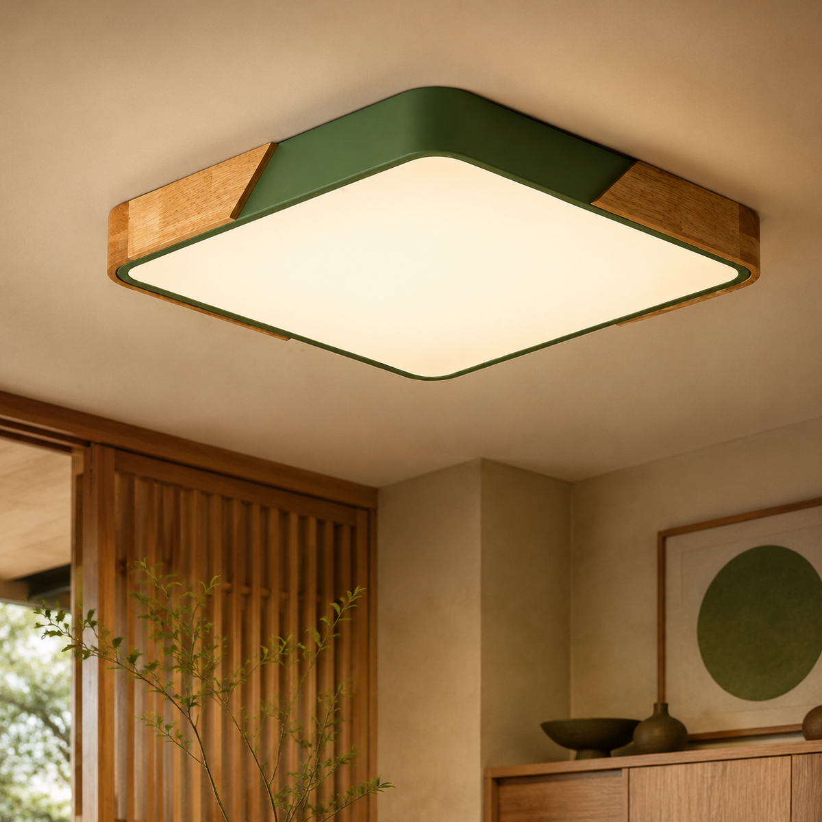 Nordic Ceiling Light with Wood Detail – Dimmable Multi-Color Lighting