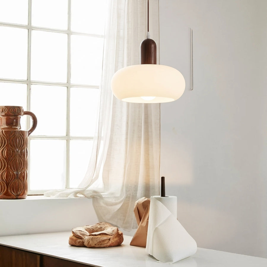 Nordic Cream Pendant Light – Adjustable Height in Wood and Glass