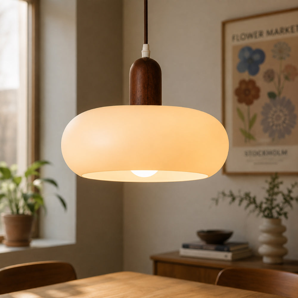 Nordic Cream Pendant Light – Adjustable Height in Wood and Glass