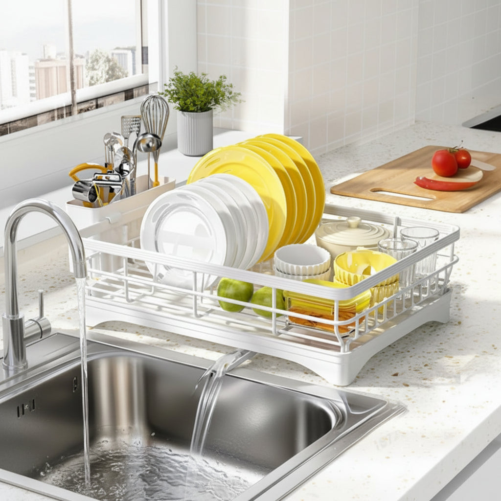 Reinforced Metal Dish Rack with Built-in Utensil Holder and Compact Design