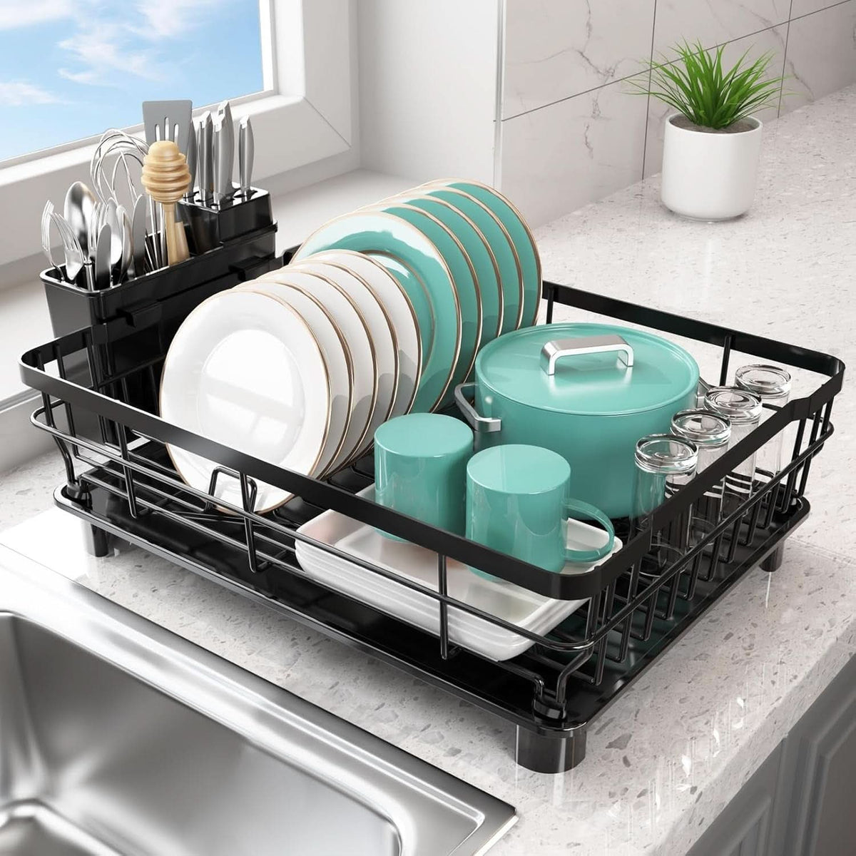 Reinforced Metal Dish Rack with Built-in Utensil Holder and Compact Design