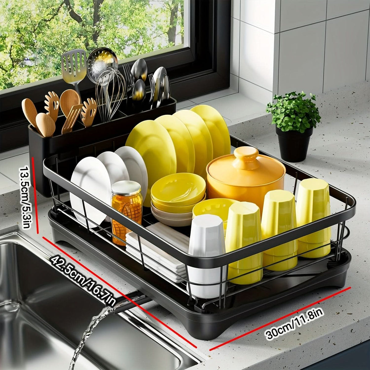 Reinforced Metal Dish Rack with Built-in Utensil Holder and Compact Design