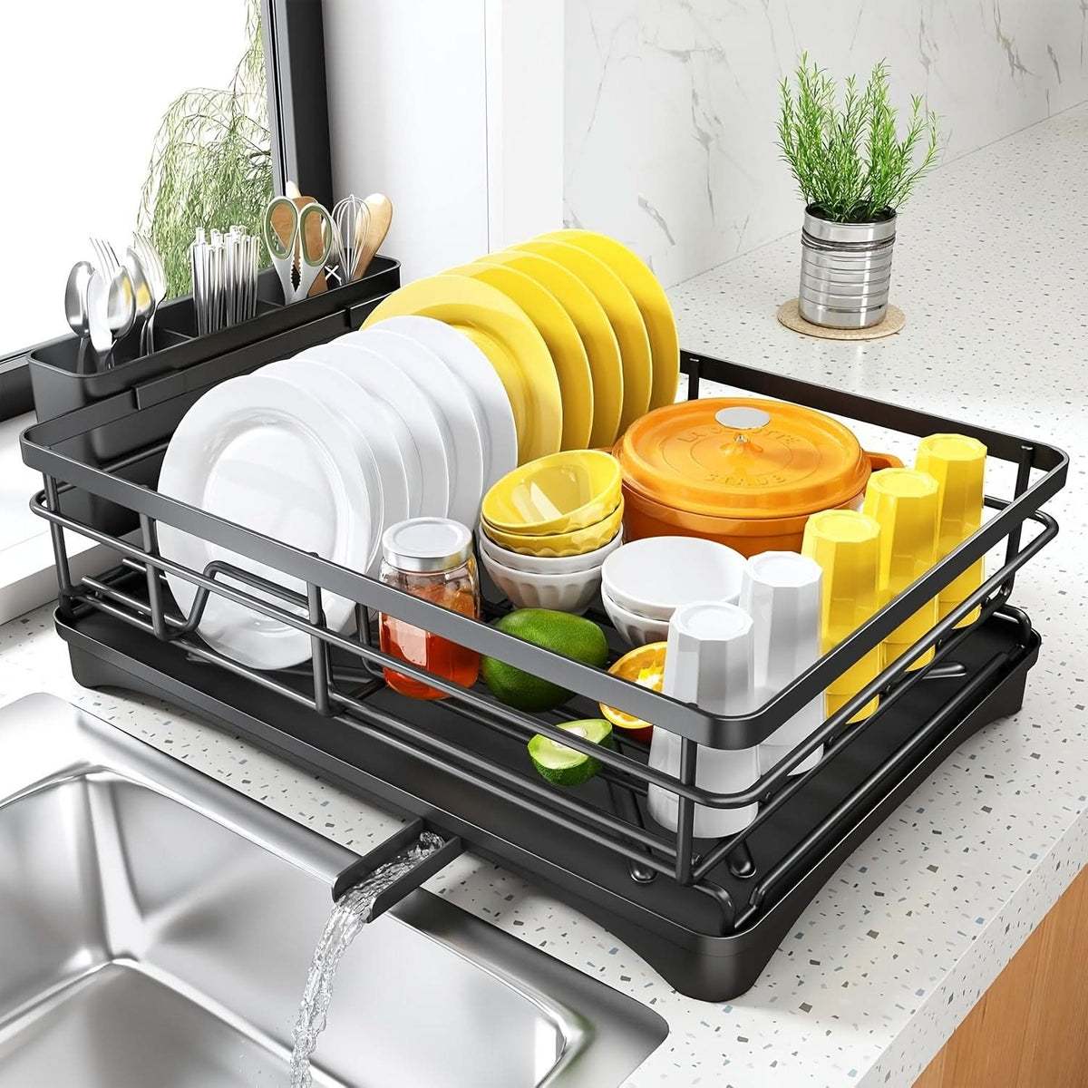 Reinforced Metal Dish Rack with Built-in Utensil Holder and Compact Design