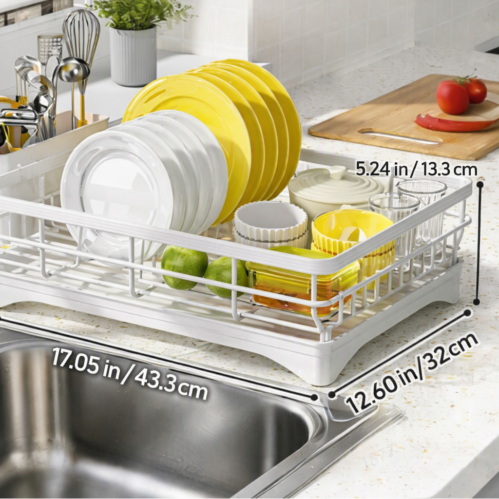 Reinforced Metal Dish Rack with Built-in Utensil Holder and Compact Design