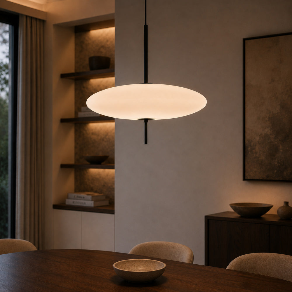 Oval Glass Pendant Light – Floating Disc Shape with Slim Metal Rod