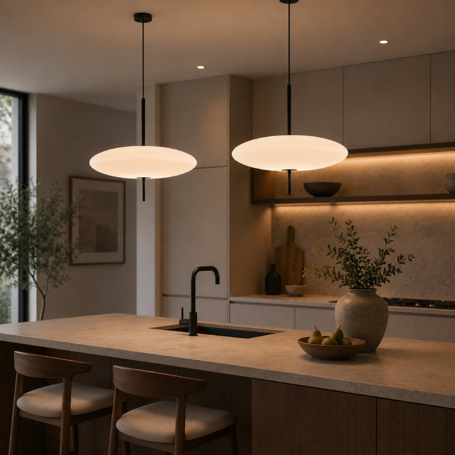 Oval Glass Pendant Light – Floating Disc Shape with Slim Metal Rod