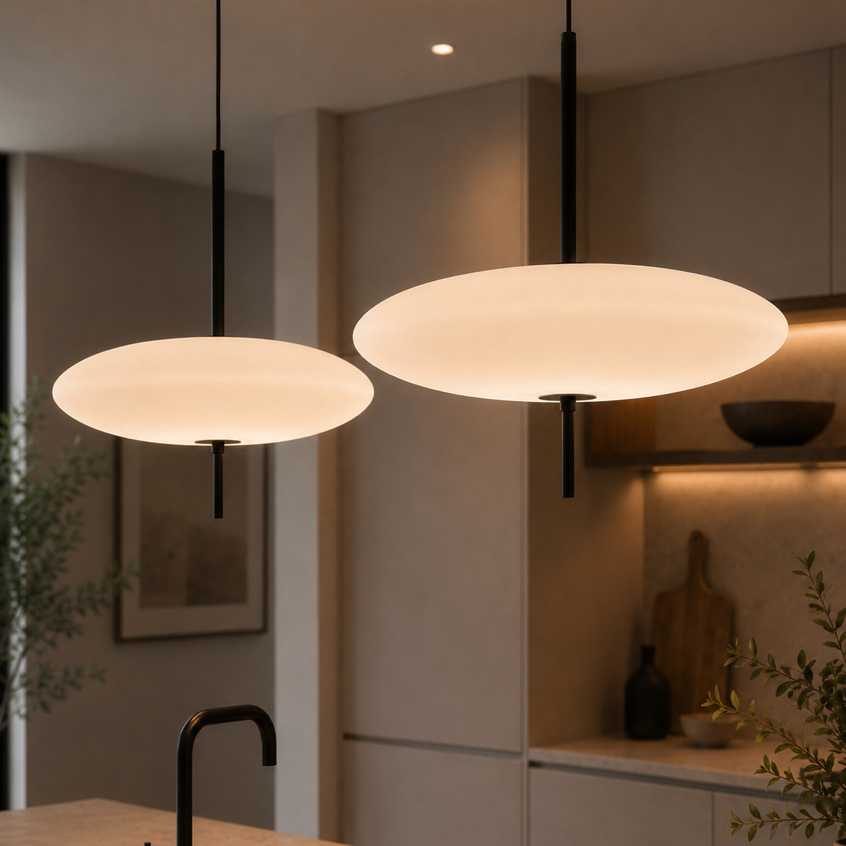 Oval Glass Pendant Light – Floating Disc Shape with Slim Metal Rod