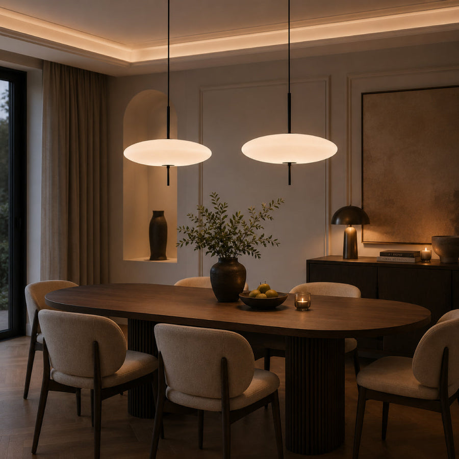 Oval Glass Pendant Light – Floating Disc Shape with Slim Metal Rod