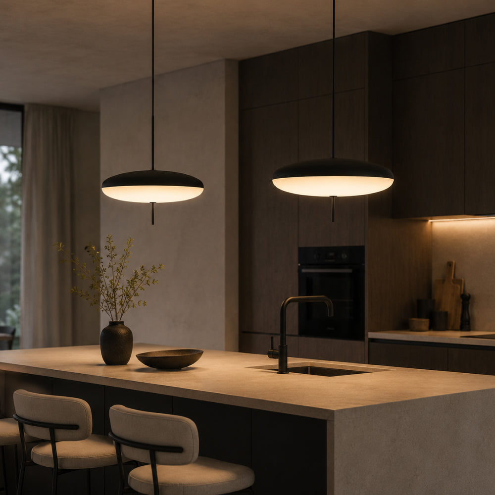 Oval Glass Pendant Light – Floating Disc Shape with Slim Metal Rod