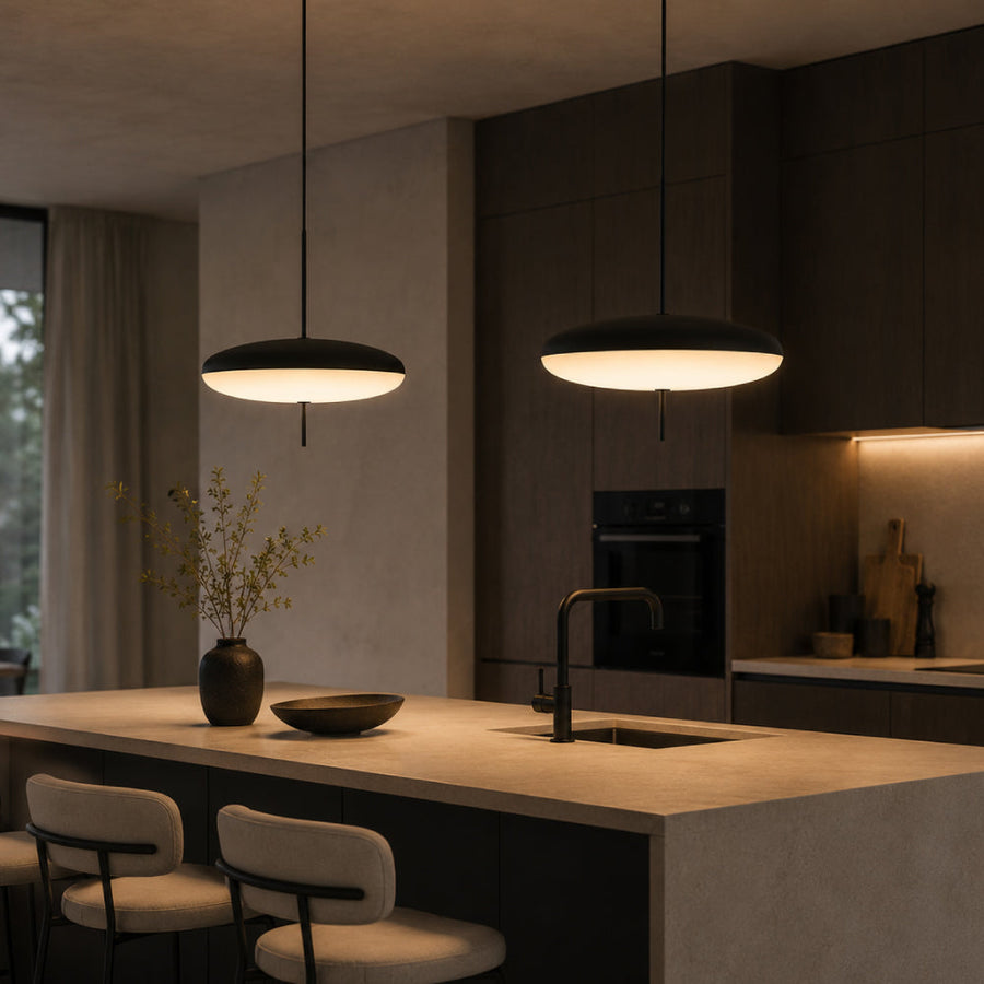 Oval Glass Pendant Light – Floating Disc Shape with Slim Metal Rod