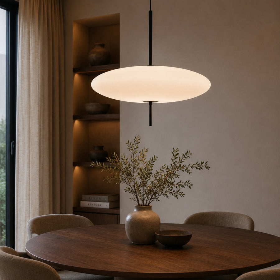 Oval Glass Pendant Light – Floating Disc Shape with Slim Metal Rod