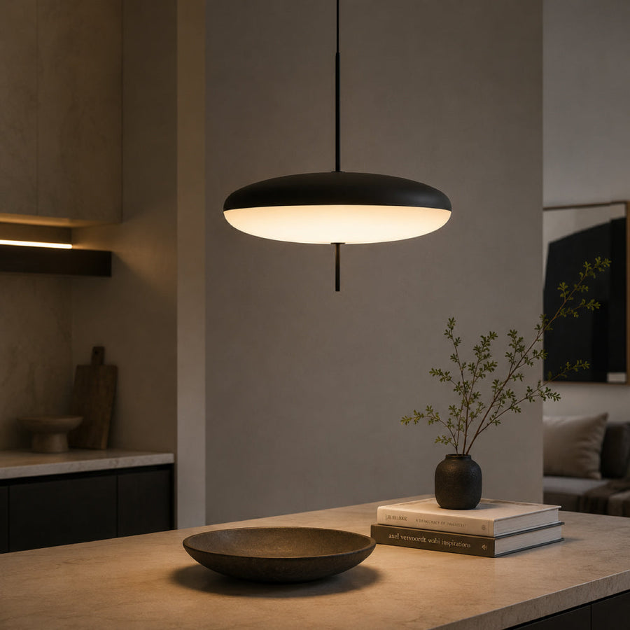 Oval Glass Pendant Light – Floating Disc Shape with Slim Metal Rod