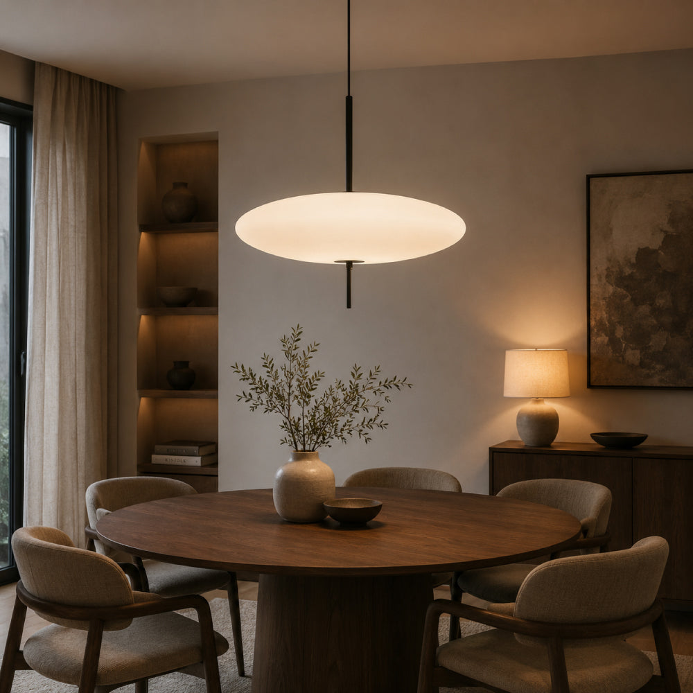 Oval Glass Pendant Light – Floating Disc Shape with Slim Metal Rod