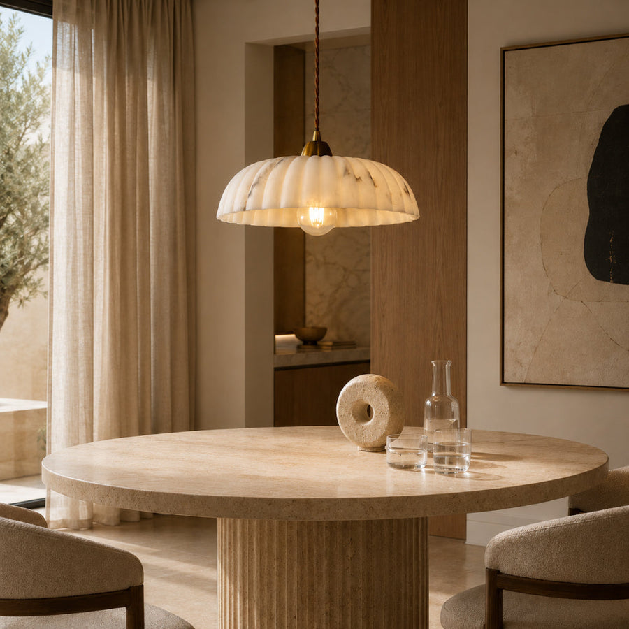 Antique Gold Pendant Light – Timeless Alabaster Shade with Soft Light