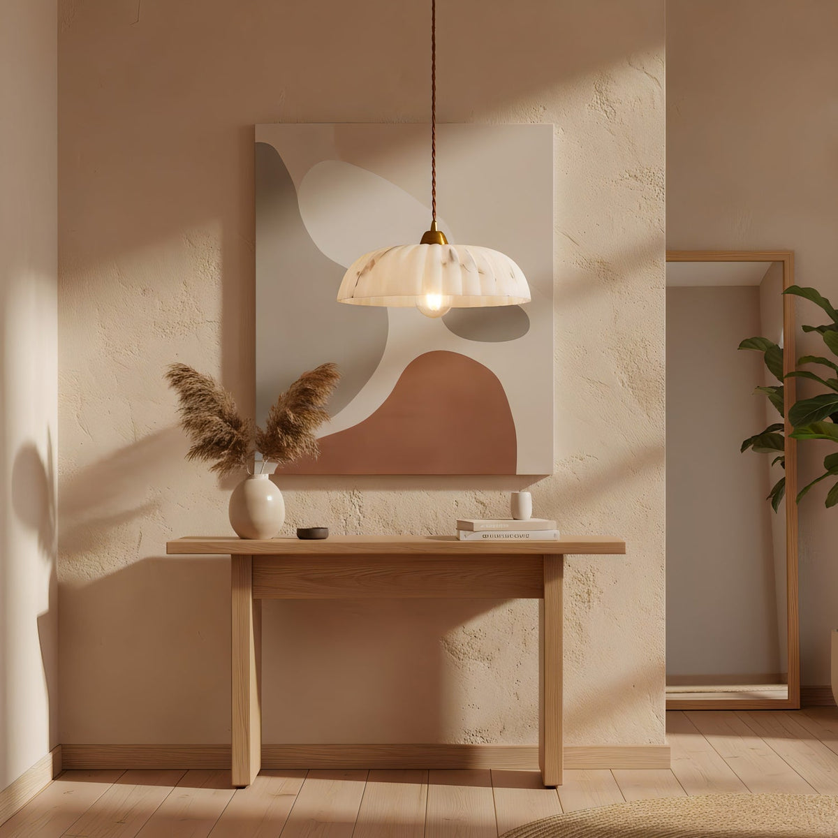 Antique Gold Pendant Light – Timeless Alabaster Shade with Soft Light