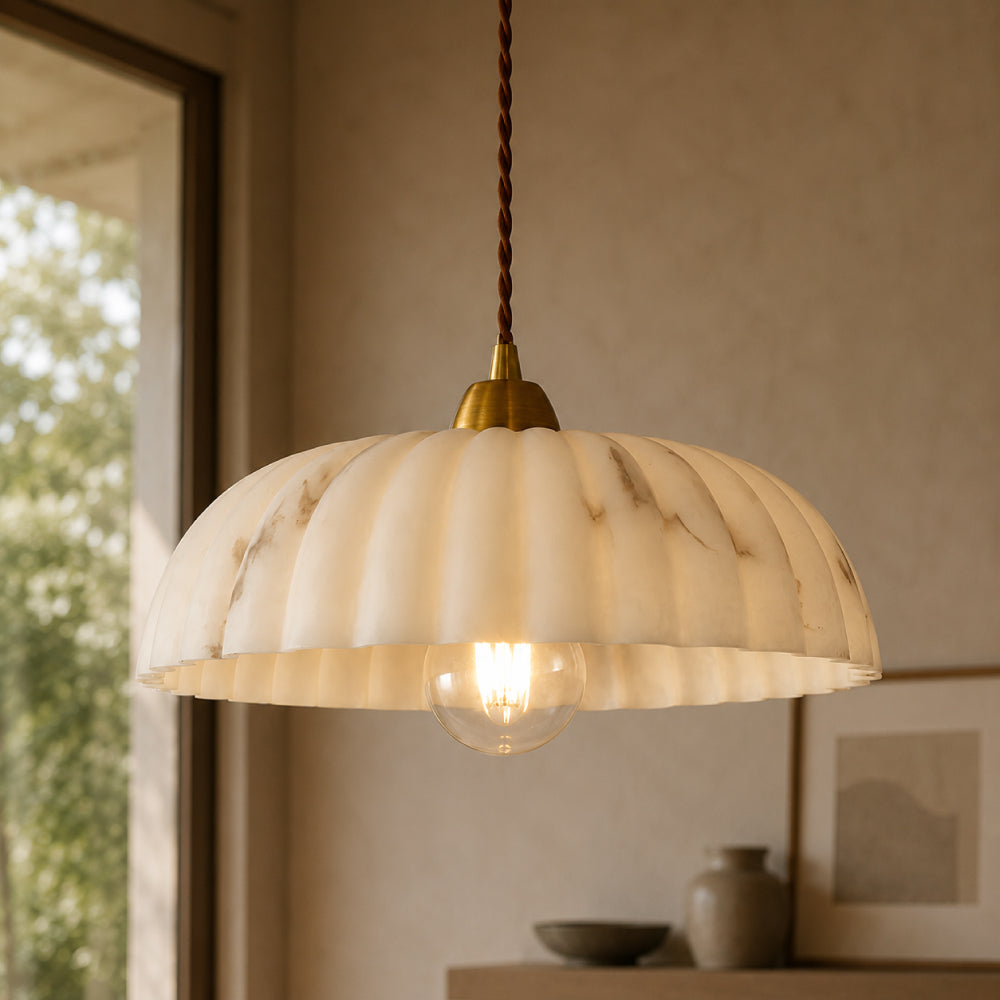 Antique Gold Pendant Light – Timeless Alabaster Shade with Soft Light