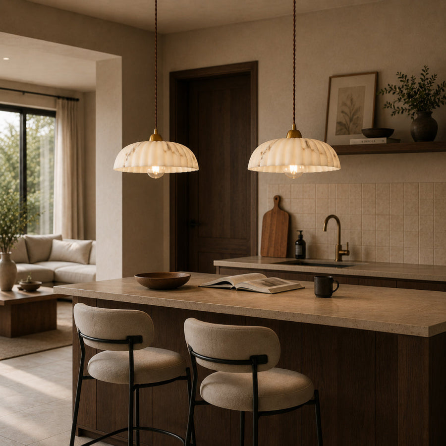 Antique Gold Pendant Light – Timeless Alabaster Shade with Soft Light