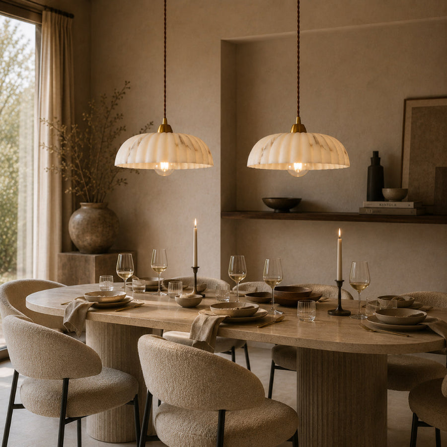 Antique Gold Pendant Light – Timeless Alabaster Shade with Soft Light