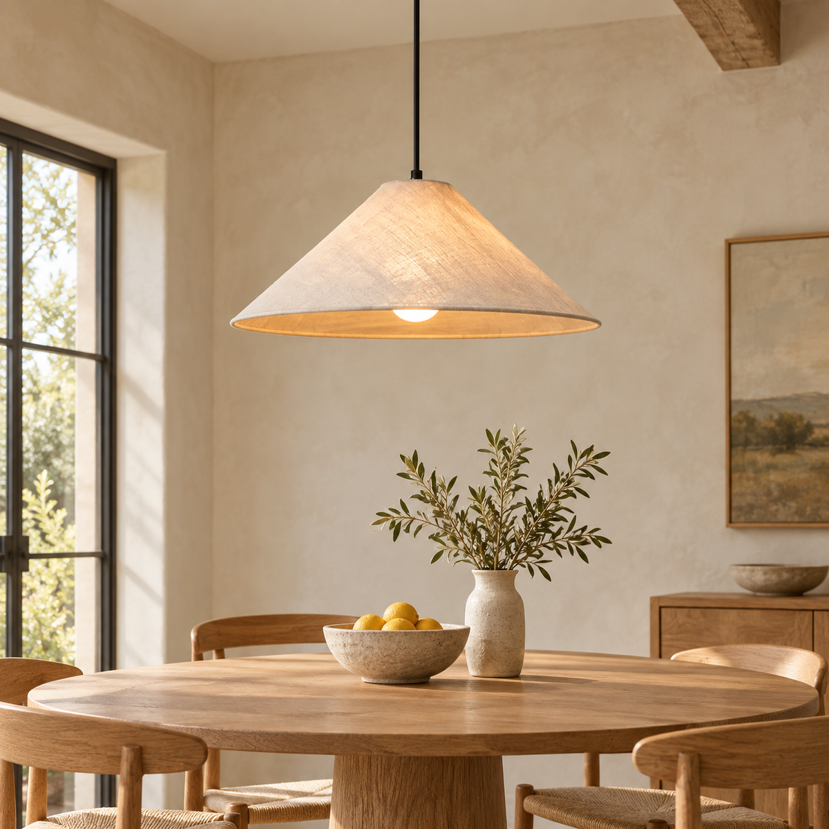 Linen Pendant Light with Conical Shade – Raw Texture for Dining Table and Kitchen Island