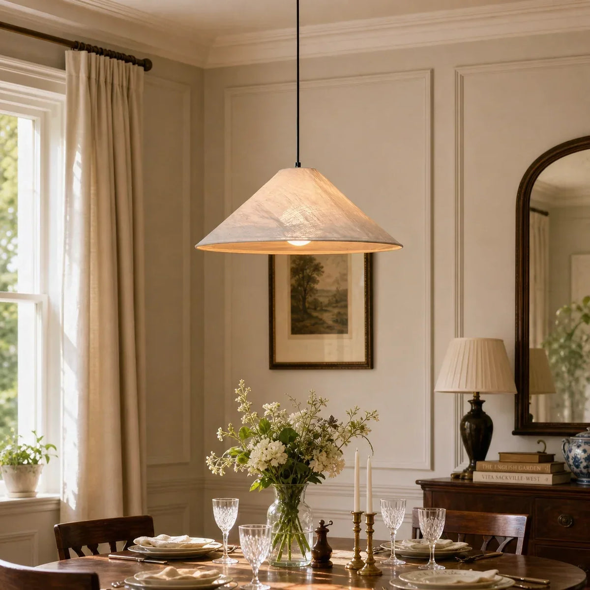 Linen Pendant Light with Conical Shade – Raw Texture for Dining Table and Kitchen Island
