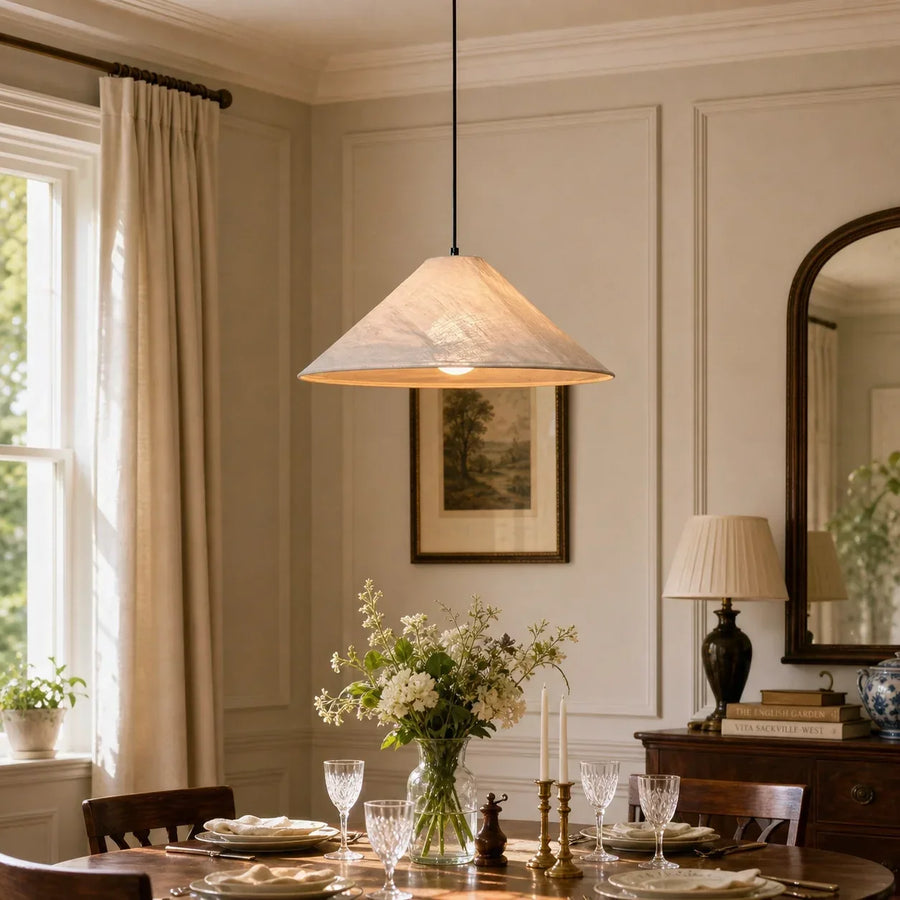 Linen Pendant Light with Conical Shade – Raw Texture for Dining Table and Kitchen Island